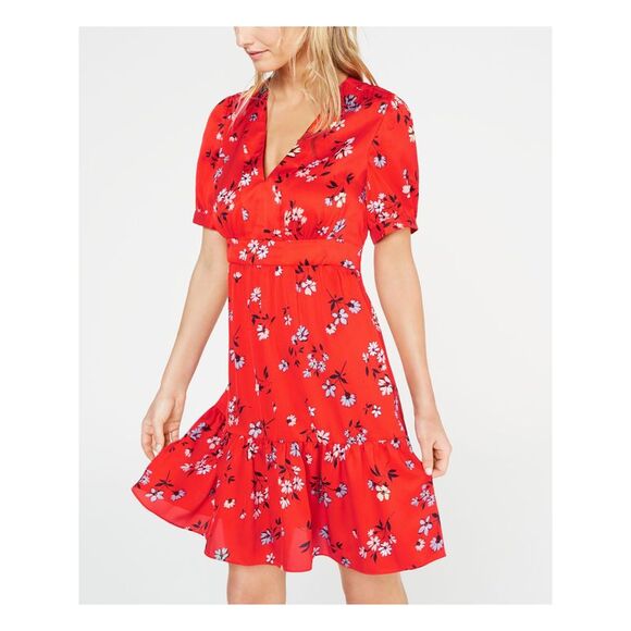 JILL STUART Womens Red Ruffled Floral V Neck Mini Shift Dress Size: 0